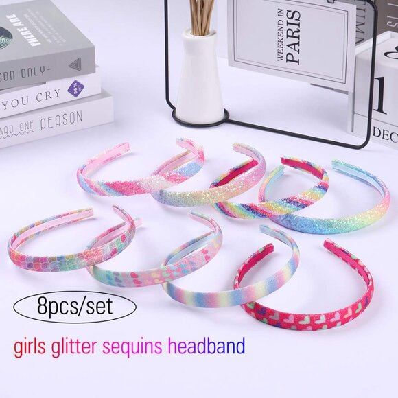 Rainbow Headbands Set 8 Pcs Sequin Heart Mermaid Kids Hair Accessories - Picture 2 of 8